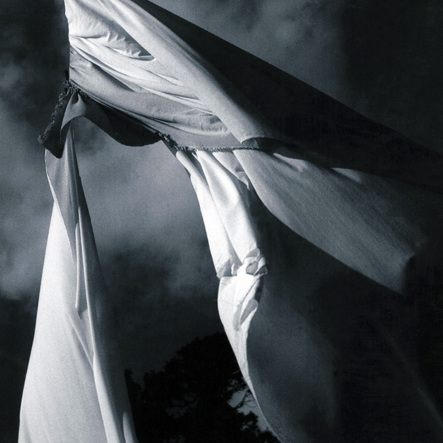 Black and White image of a white cloth hanging and torn down the middle