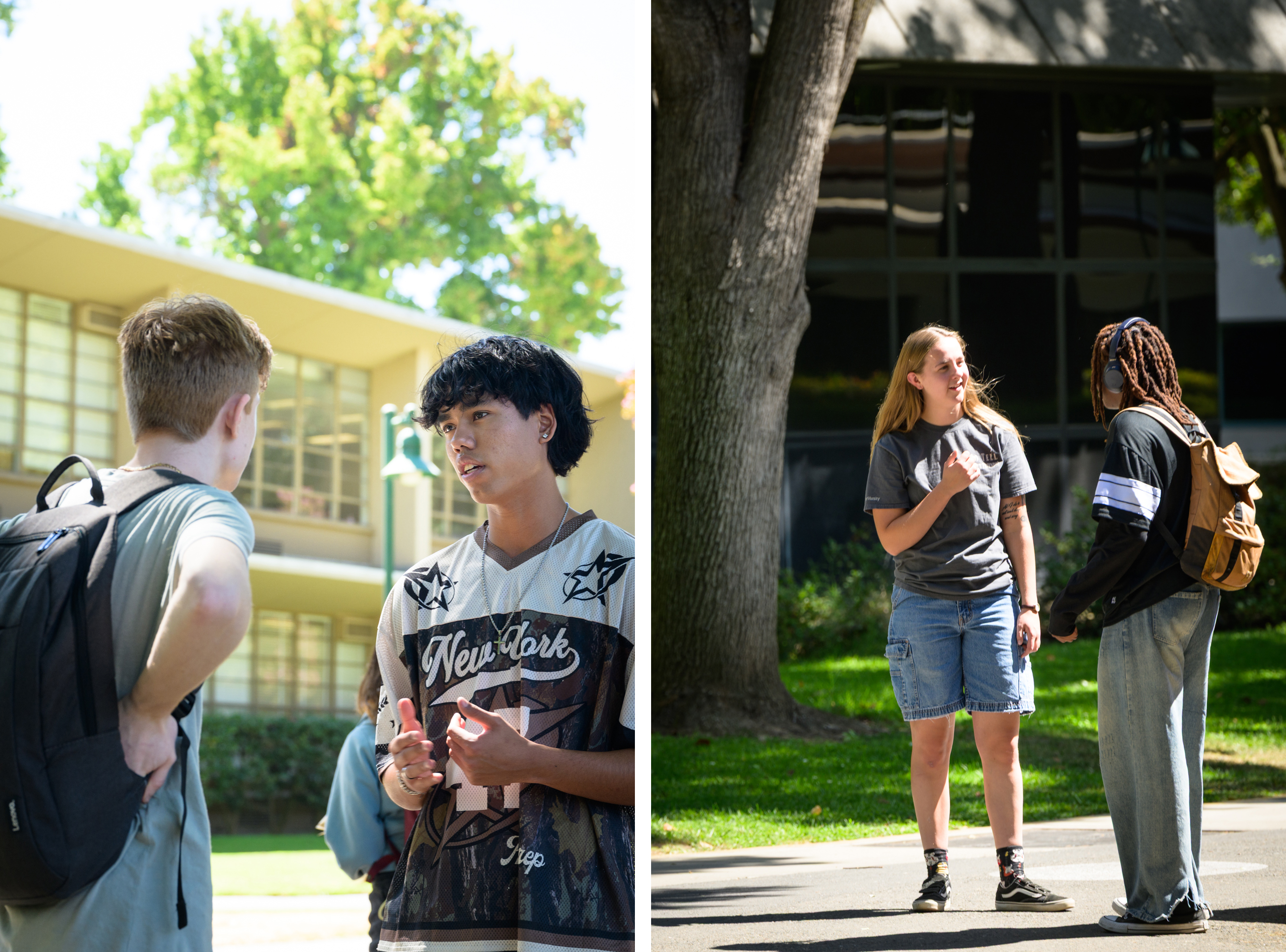 Two photos sit next to each other showing two different instances of InterVarsity students interacting with others as they pass by. They are gesturing and talking with their students.