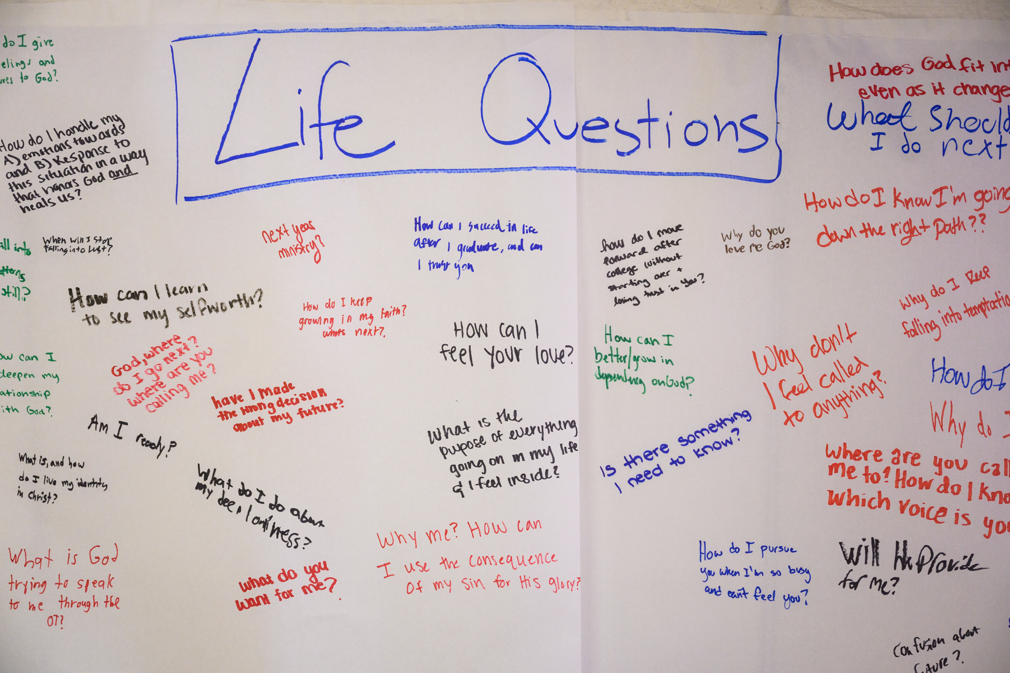Large poster filled with student written "Life Questions."