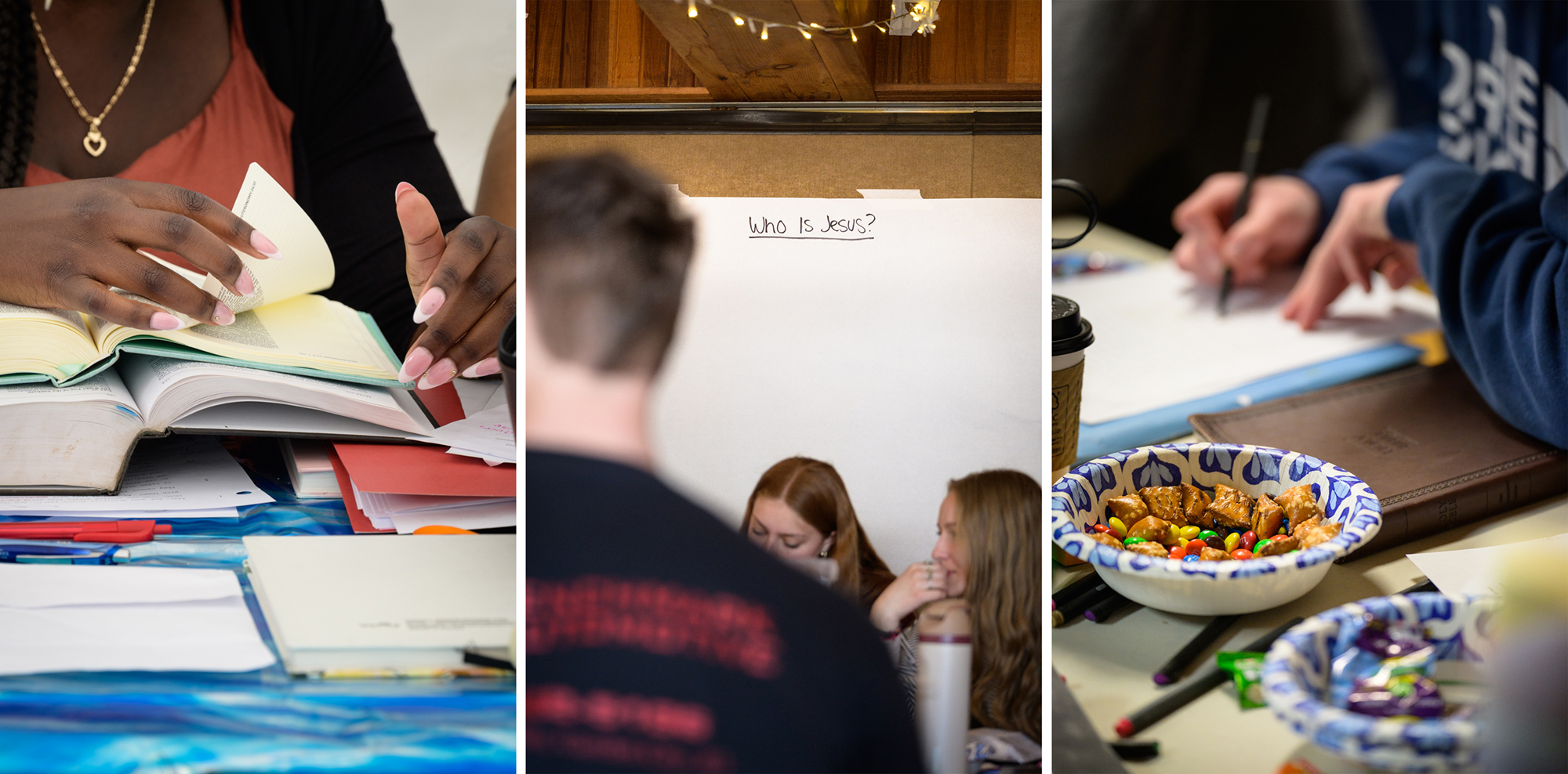 3 images showing the details of manuscript Bible study. 1. A woman fingers through a pile of books looking for references. 2. A piece of paper on the wall asks Who is Jesus? as the week goes on they will fill in what the book of Mark has to say. 3. Snacks on table as students study the book of Mark.