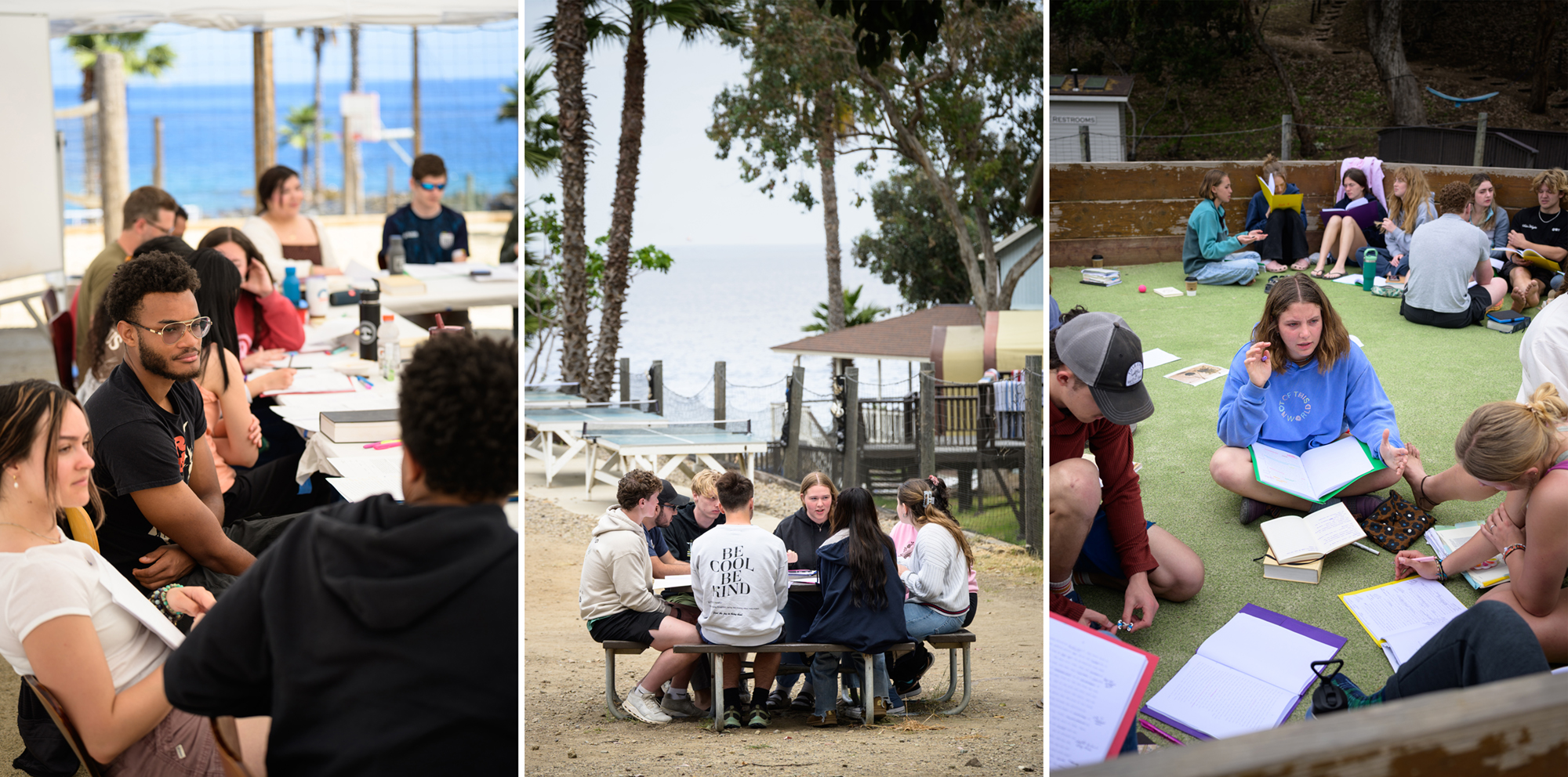 3 images showing students discussing the book of Mark together. Photo 1 under tent, photo 2 around a table in the sand, and photo 3 in the gaga ball pit.