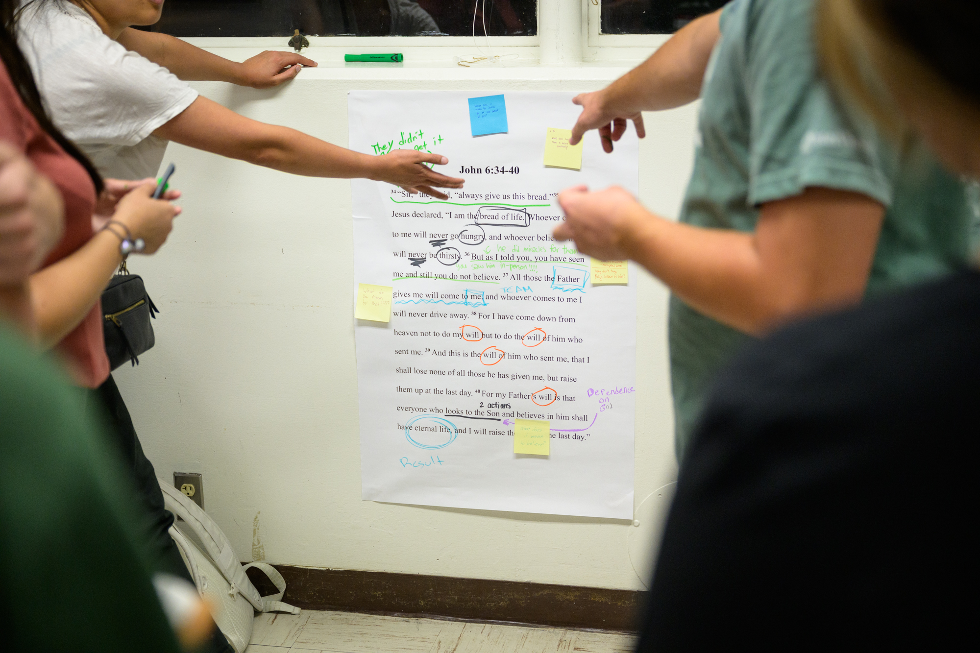 Many hands point to different sections of the text from John 6:34-40 that is printed out and stuck to the wall. Different sections of this printout are circled and questions are written on sticky notes in the margins.