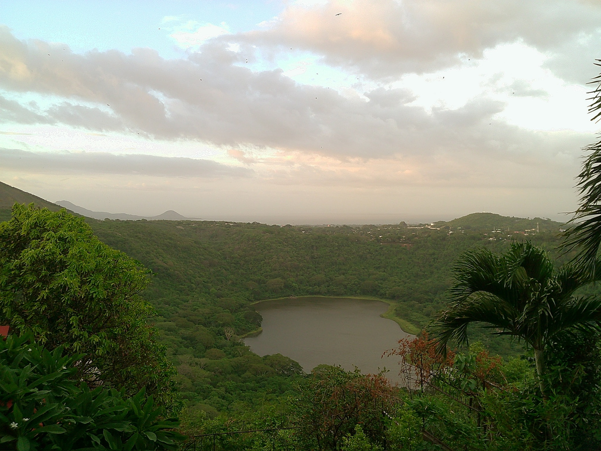 photo of the lush green landscape with water and mountains in the distance.