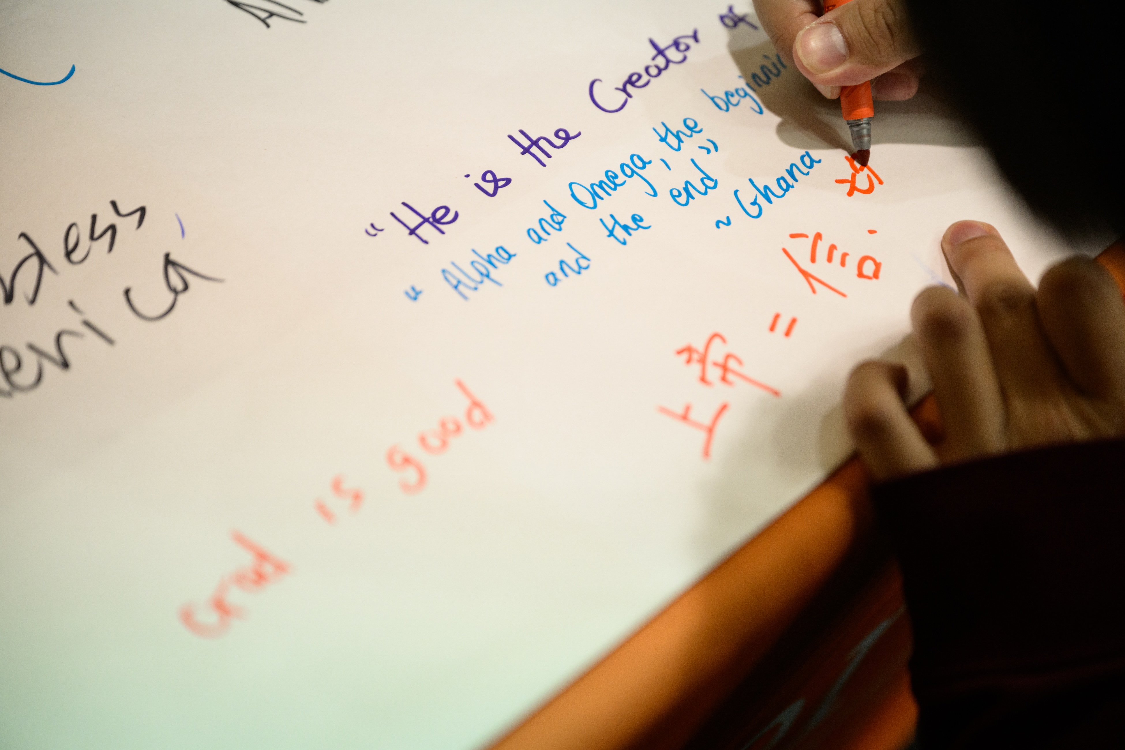 whiteboard at tabling with writing and questions on it