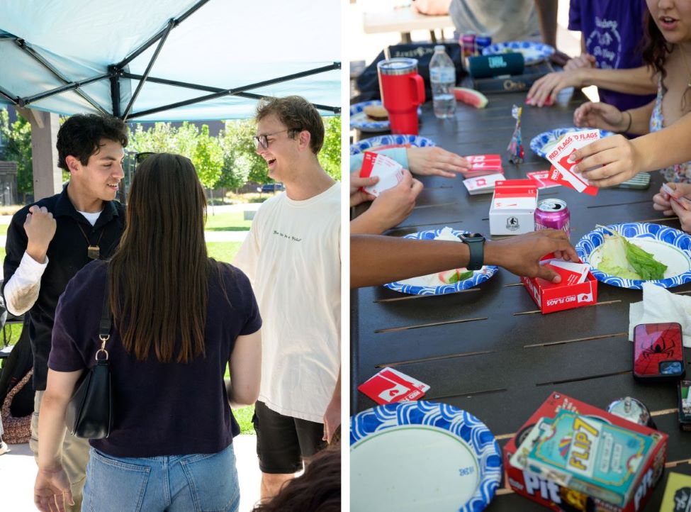 On the left: two people have a conversation under the awning.  On the right: a table is strewn with plates, food, and hands playing a card game called “Red Flag”.