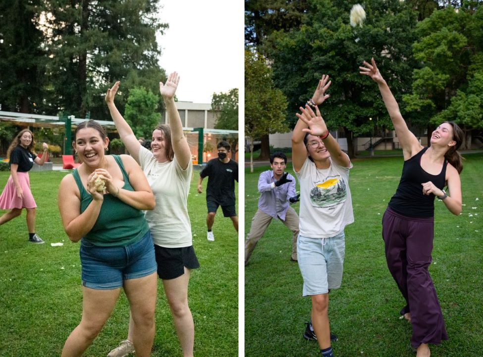 Two images show different times students attempted to throw a cabbage; the one on the left can’t because she is blocked by an opponent, and the one on the right is successful.