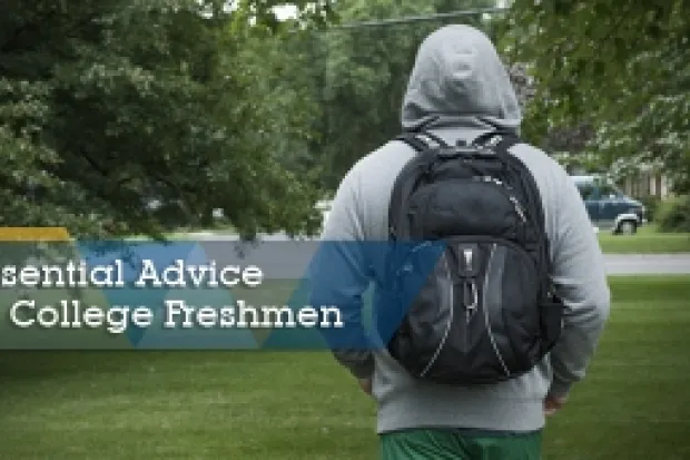 a student wearing a backpack and a graphic with the words "Essential Advice for College Freshmen"