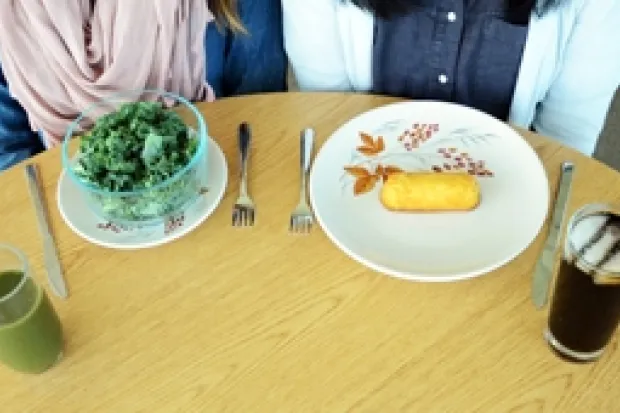 Two people sitting at a table. One has a salad, and the other has a twinkie on a plate.