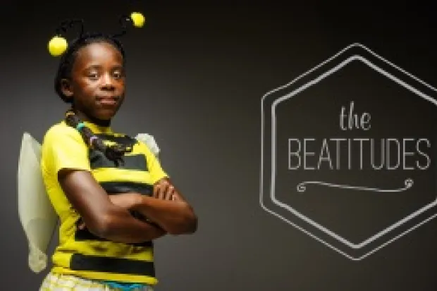 a child dressed as a bumblebee, and a graphic reading "The Beatitudes"