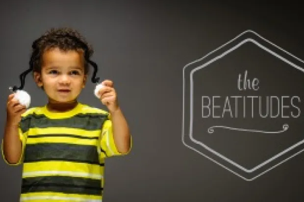 a child dressed as a bumblebee, and a graphic reading "The Beatitudes"