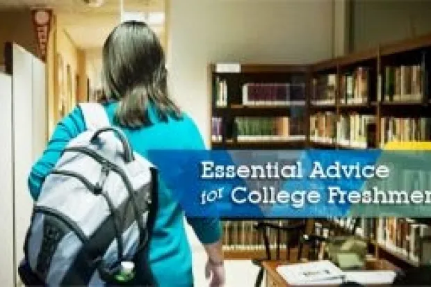 A female student carrying a backpack and the text "Essential advice for first-year students"