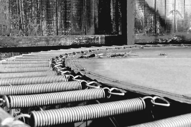 black and white image of the metal springs of a trampoline