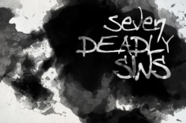 Ink splotches with "Seven Deadly Sins" written out in messy white letters