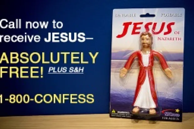 Plastic action figure of Jesus with infomercial text