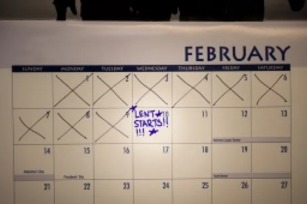 a February wall calendar with days crossed out