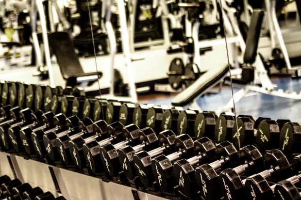 Rack of dumbbells in front of mirror in gym