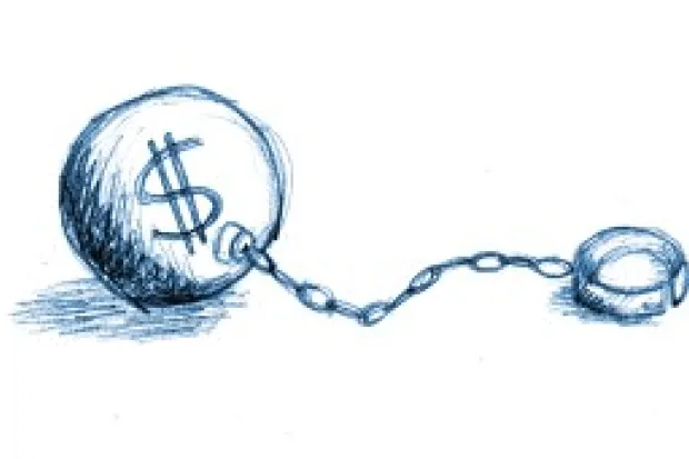 Drawing of ball and chain with money symbol on it