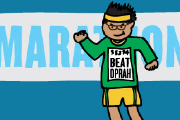 Cartoon drawing of man in running gear with "Beat Oprah" on competition number. The word "Marathon" is written across a white banner in the background.