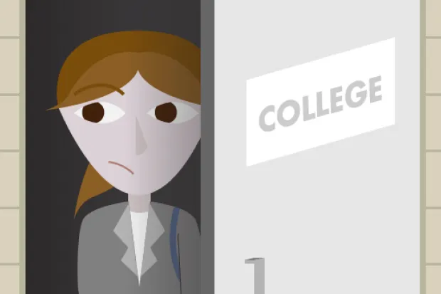 Cartoon of young woman walking through door labeled "College"