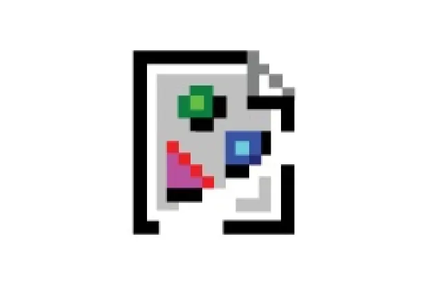 Pixelated broken image icon: sheet of grey paper with colorful shapes and one corner torn off 