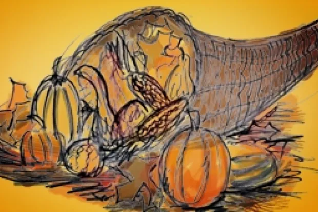 Sketch of Thanksgiving cornucopia with pumpkins, leaves, and gourds