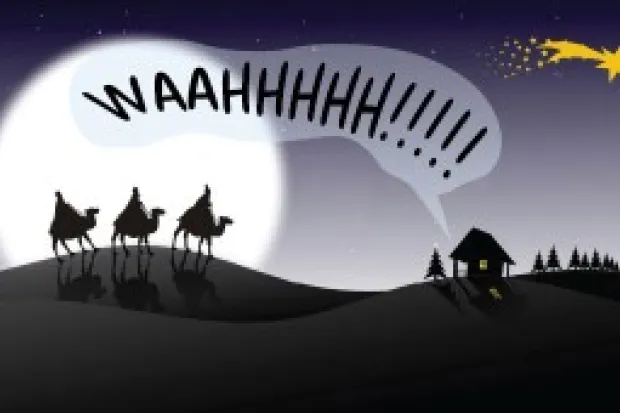 Nativity scene with three silhouetted figures on camels with moon in the backdrop and shining star. The word "Waahhhh!!!" is written directly above a small stable.