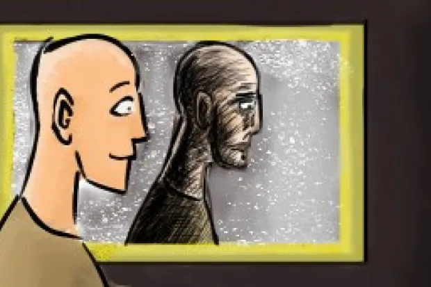 a cartoon drawing of a person looking in a mirror and seeing a darkened reflection