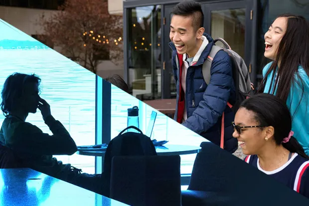 Divided photo of one person sitting alone and group of laughing students