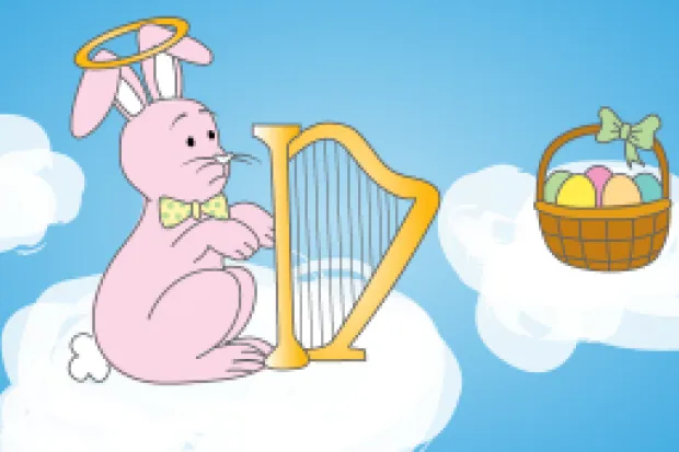 Cartoon Easter bunny playing harp on cloud next to Easter eggs