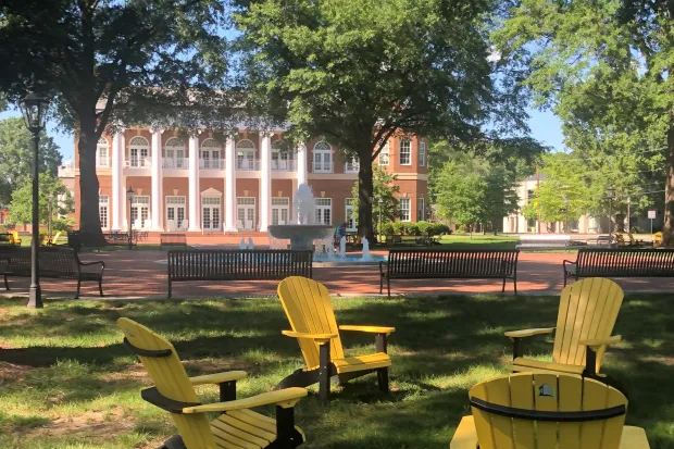 three yellow chairs on a campus quad with an academic building in the background