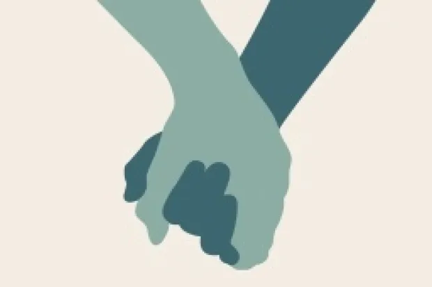 Drawing of two hands (one a lighter turquoise and the other a darker shade) holding one another on a beige background