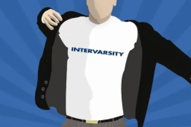 a graphic outline of a person putting on a blazer jacket and wearing a t-shirt reading "InterVarsity"