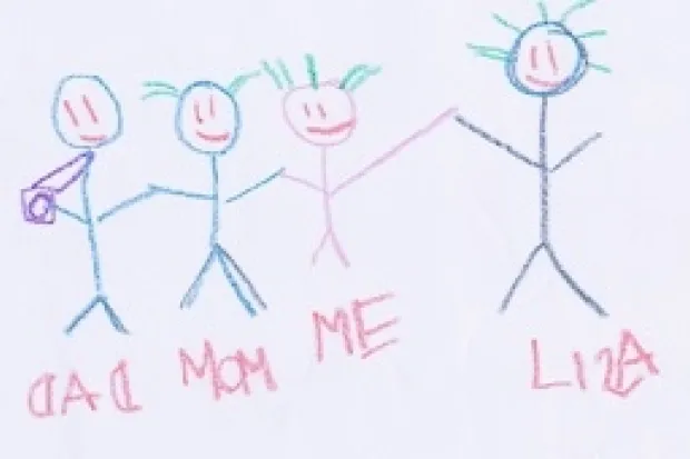 Crayon drawing with four stick figures labeled Dad, Mom, Me, Lisa