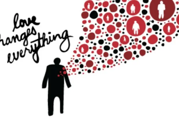 Silhouette of person with bunch of red and black circles flowing from her heart with other figures in the circles. The words "Love Changes Everything" are written in the background.