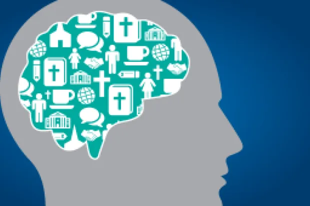 Outline of a person's head. The brain is in green and contains icons like crosses, bibles, churches, and people