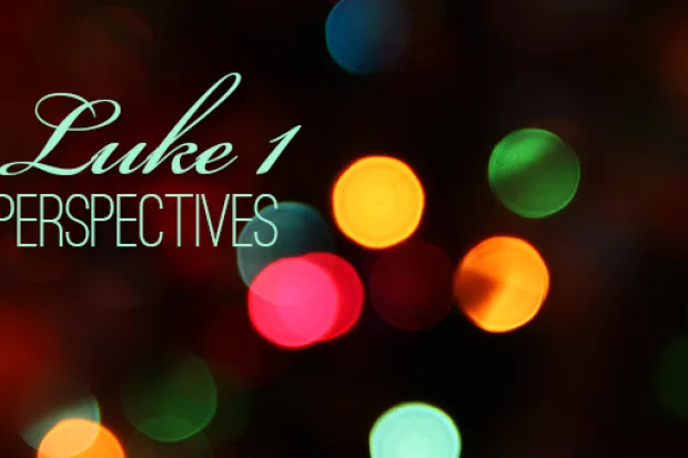 The phrase "Luke 1 Perspectives" written over a background of blurry Christmas lights