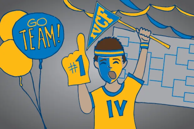 Drawing of student wearing IV blue and yellow jersey, holding bracket, balloons, and giant #1 foam finger