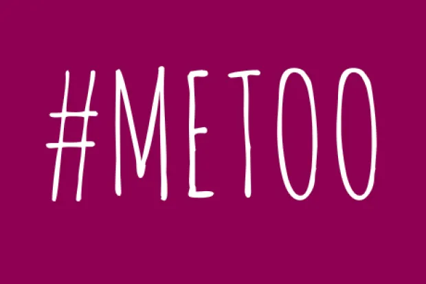 Dark pink background with #METOO written on it