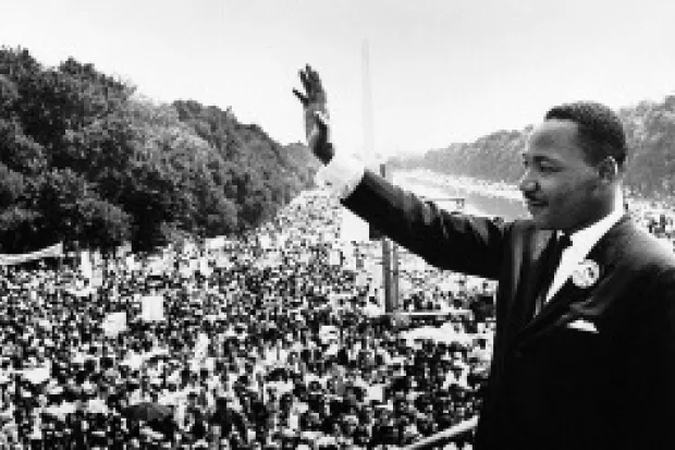 Martin Luther King Jr. addressing a large crowd at the Washington Monument