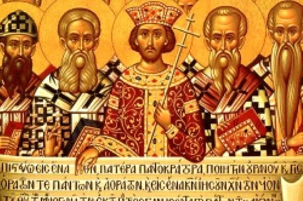 An orthodox icon featuring five saints at the council of Nicaea