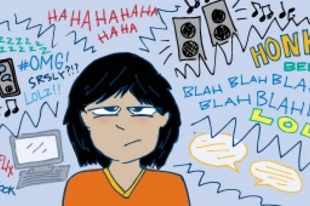 a cartoon drawing of a woman with sound and noise graphics all around her