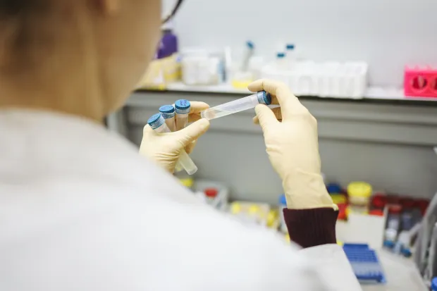 Medical researcher examining test tubes