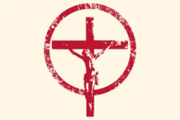 Image of Jesus on the cross within a circle, all in red ink