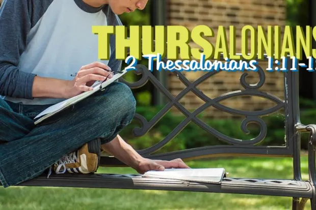 Male student on bench studying Bible with notebook in lap with "Thursalonians: 1 Thessalonians 1:4-10" in background