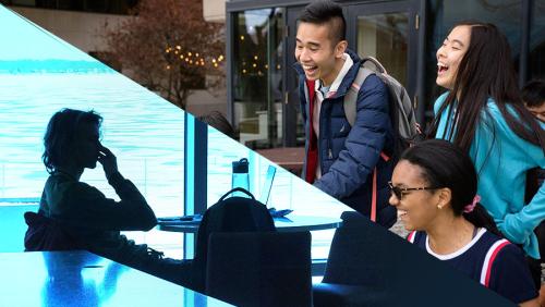 Divided photo of one person sitting alone and group of laughing students