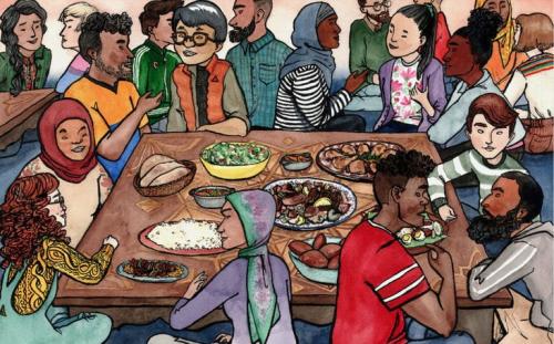 Drawing of diverse group of students sharing meal together