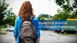 Young woman walking on campus with backpack and the label: Essential Advice for College Freshmen