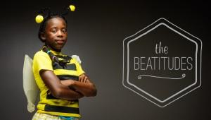 a child dressed as a bumblebee, and a graphic reading "The Beatitudes"