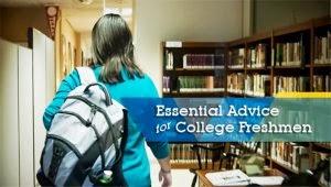 A female student carrying a backpack and the text "Essential advice for first-year students"