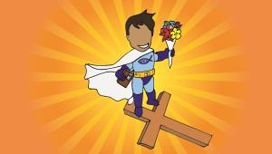 Drawing of cartoon man in superhero costume: wearing white cape, ichthys on chest, holding a bouquet of roses